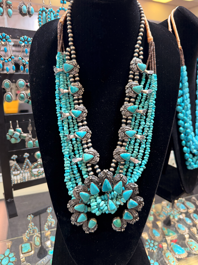 Turquoise and silver squash blossom + Navajo Wrap